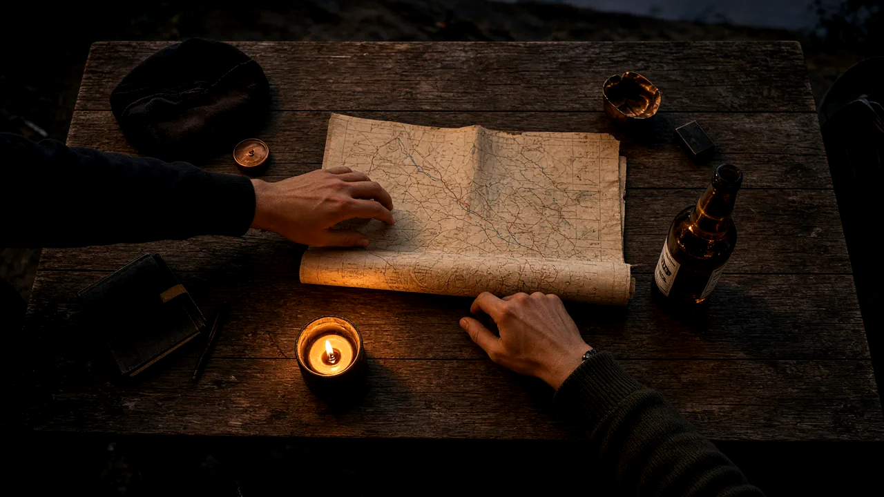 Hands over a half-unrolled map on a wooden table at dusk, with a candle and a beer bottle