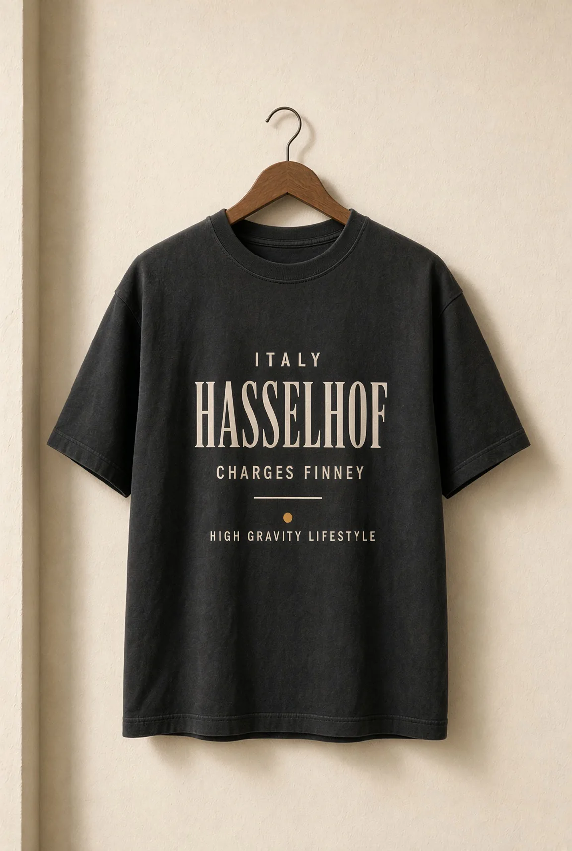 Washed black tee on a wooden hanger. Chest print: Italy, Hasselhof, Charges Finney, a gold dot, High Gravity Lifestyle.