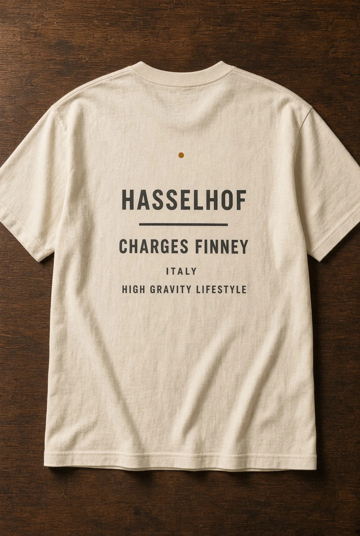 Cream tee, back flat on wood. Print: a gold dot, Hasselhof, Charges Finney, Italy, High Gravity Lifestyle.