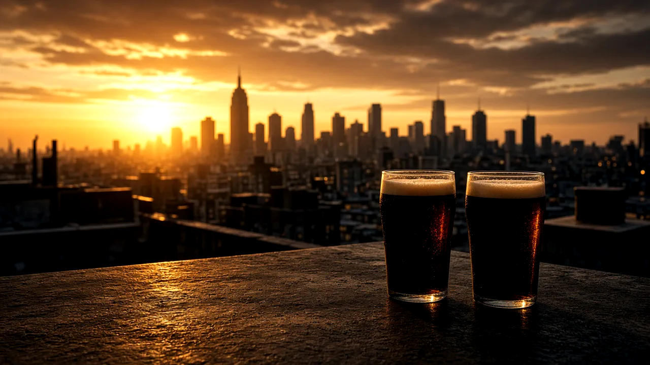 Two glasses of dark beer on a rooftop table, city skyline at golden hour