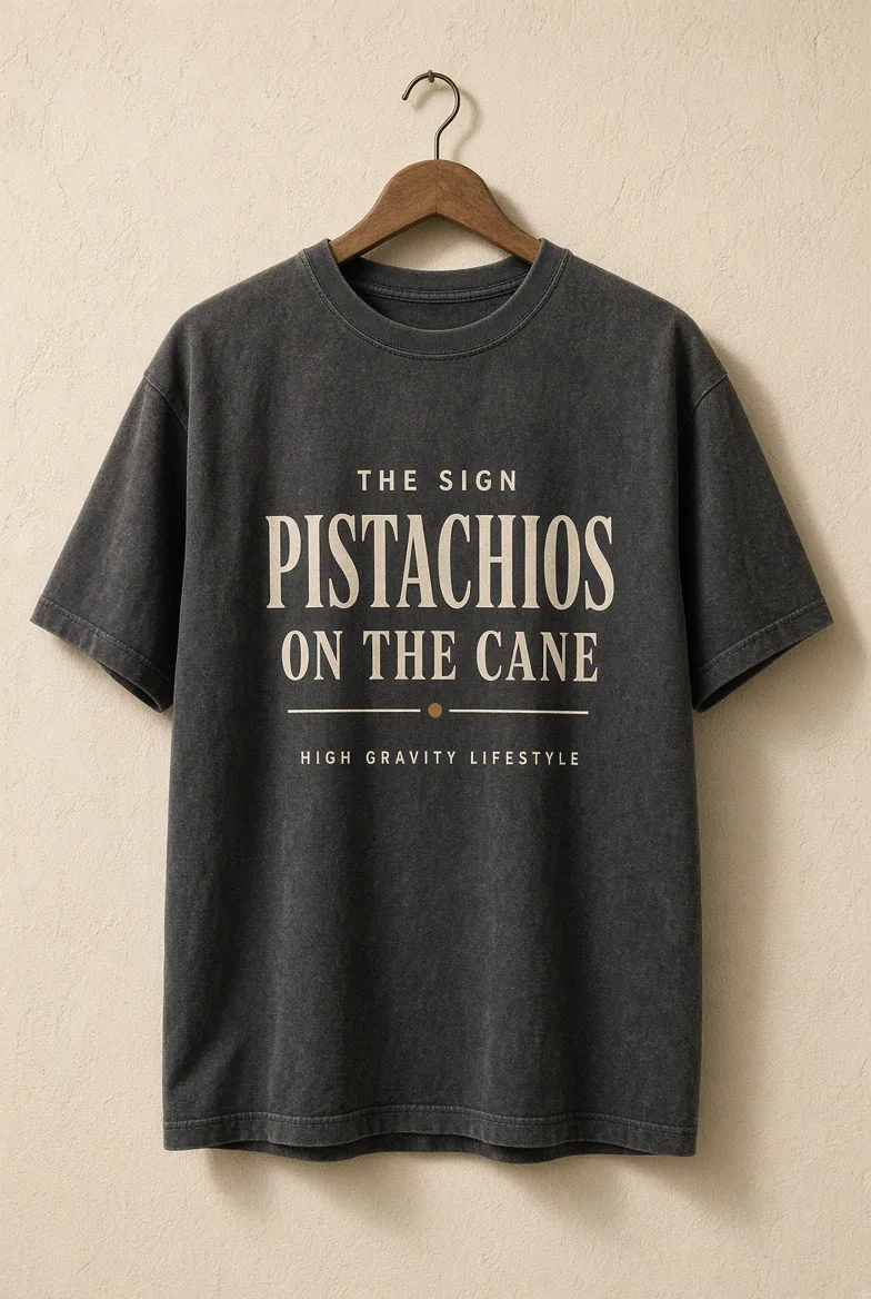 Washed black tee on a wooden hanger. Chest print: The Sign, Pistachios, On the Cane, a gold dot, High Gravity Lifestyle.