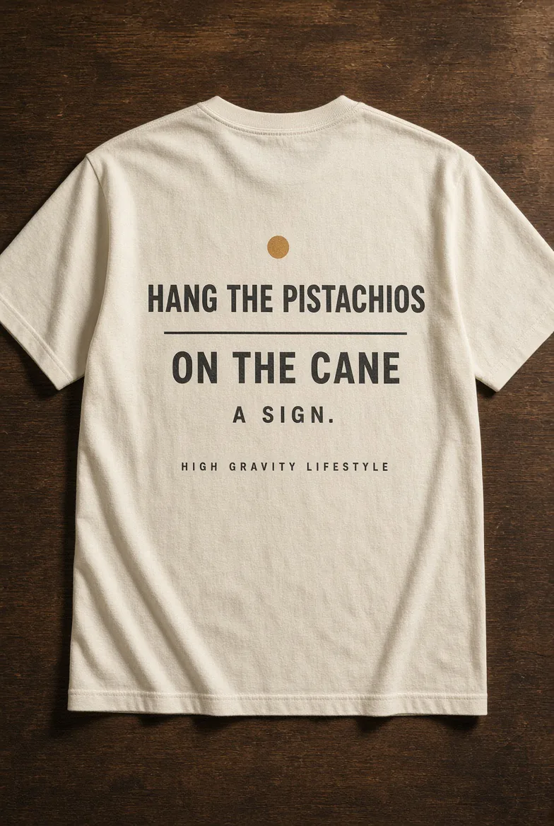 Cream tee, back flat on wood. Print: a gold dot, Hang the Pistachios, On the Cane, A sign, High Gravity Lifestyle.