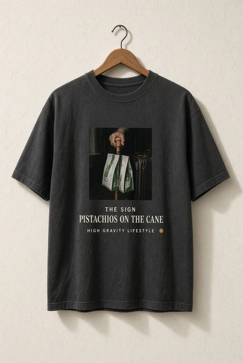 Washed black tee on a wooden hanger. The chest prints the cane photo, then The Sign, Pistachios on the Cane, High Gravity Lifestyle, and a gold dot.